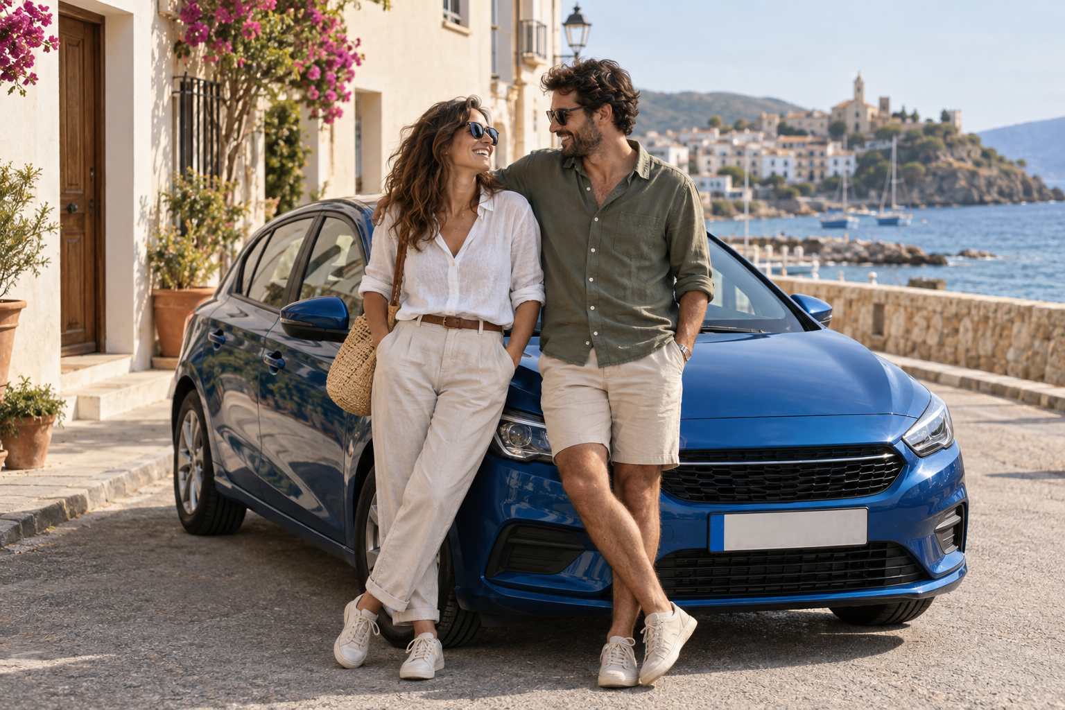 Una pareja junto a su coche en una calle mediterránea