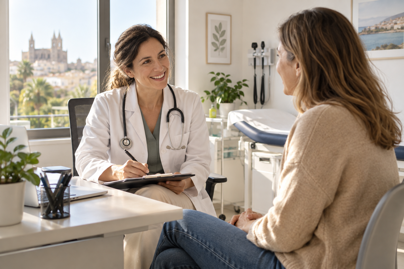 Una médica escucha a su paciente en consulta